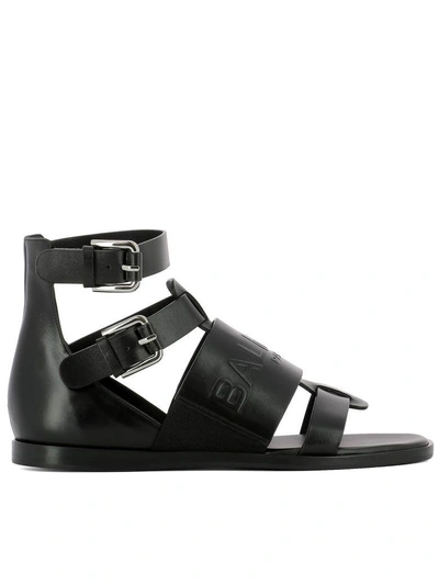 Shop Balmain Black Leather Sandals