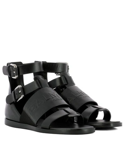 Shop Balmain Black Leather Sandals