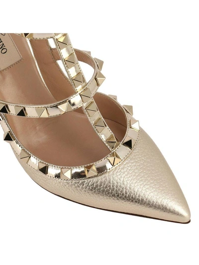 Shop Valentino Pumps  Rockstud Pumps With Ankle Atrap In Genuine Laminated Leather With Micro Metal Studs In Gold