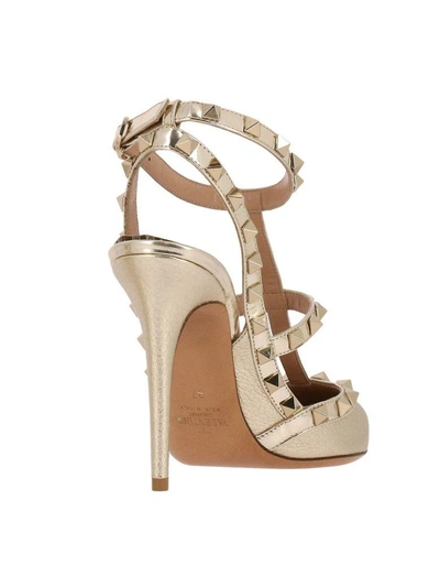 Shop Valentino Pumps  Rockstud Pumps With Ankle Atrap In Genuine Laminated Leather With Micro Metal Studs In Gold