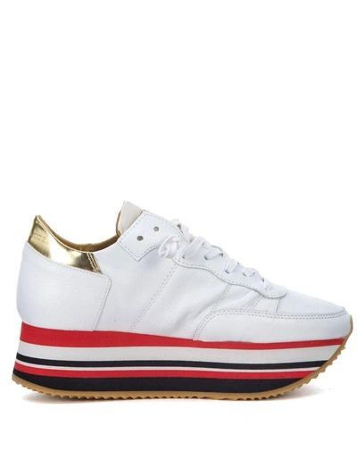 Shop Philippe Model Eiffel White And Golden Leather Sneaker In Bianco