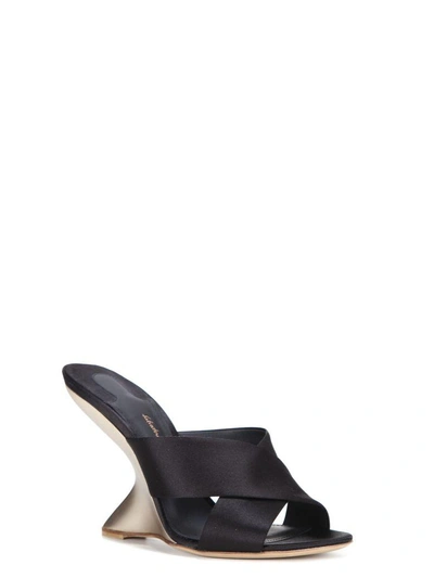 Shop Ferragamo F-wedge Satin Sandals In Black