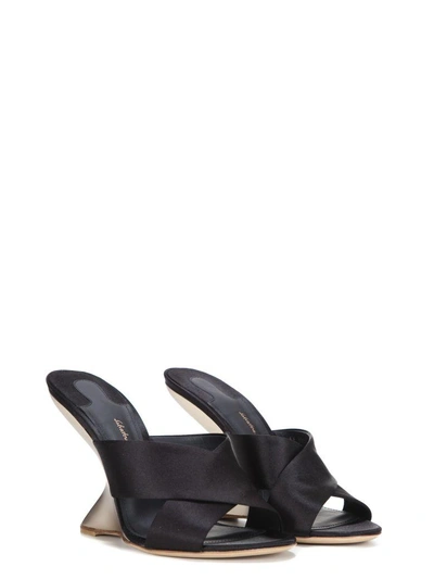 Shop Ferragamo F-wedge Satin Sandals In Black