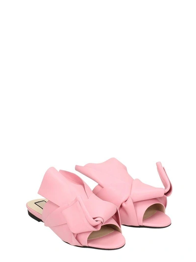 Shop N°21 Bow Pink Leather Flat Sandals In Rose-pink