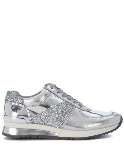 Shop Michael Kors Allie Silver Leather And Glitter Sneaker In Argento