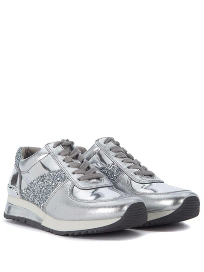 Shop Michael Kors Allie Silver Leather And Glitter Sneaker In Argento