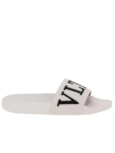 Shop Valentino Flat Sandals  Slide Sandals Rubber With Crystal Rock Band Logo In White