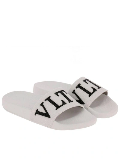 Shop Valentino Flat Sandals  Slide Sandals Rubber With Crystal Rock Band Logo In White