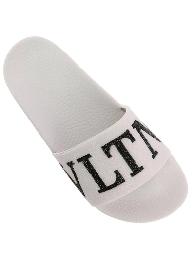 Shop Valentino Flat Sandals  Slide Sandals Rubber With Crystal Rock Band Logo In White