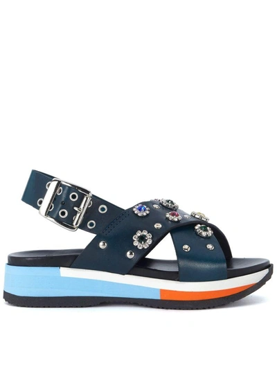 Shop Tipe E Tacchi Blue Leather Sandal With Jewel Flowers