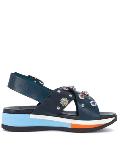 Shop Tipe E Tacchi Blue Leather Sandal With Jewel Flowers