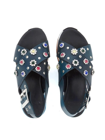 Shop Tipe E Tacchi Blue Leather Sandal With Jewel Flowers