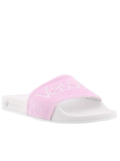 Shop Versace Logo Vintage Slide Sandals In White Pink