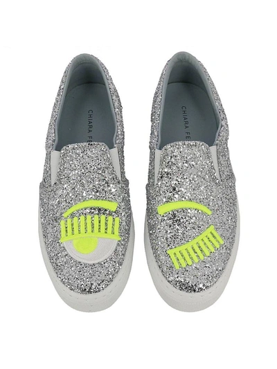 Shop Chiara Ferragni Sneakers  Slip On Shoes Glitter With Maxi Embroidery Fluo Eyes Flirting In Yellow