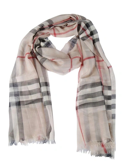 Shop Burberry Striped Scarf In Stone Check