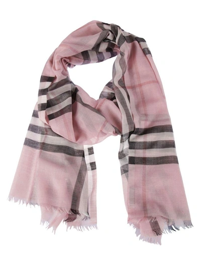 Shop Burberry Striped Scarf In Pink & Purple