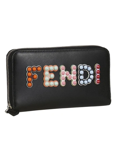 Shop Fendi Studded Logo Zip-around Wallet In Nero