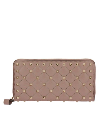 Shop Valentino Wallet  Rockstud Spike Zip Around Wallet In Quilted Leather With Metal Studs In Powder