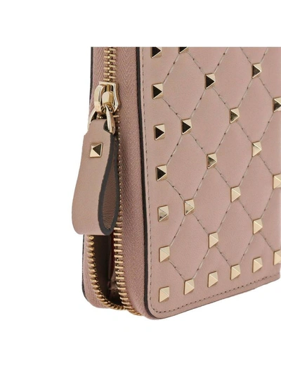 Shop Valentino Wallet  Rockstud Spike Zip Around Wallet In Quilted Leather With Metal Studs In Powder