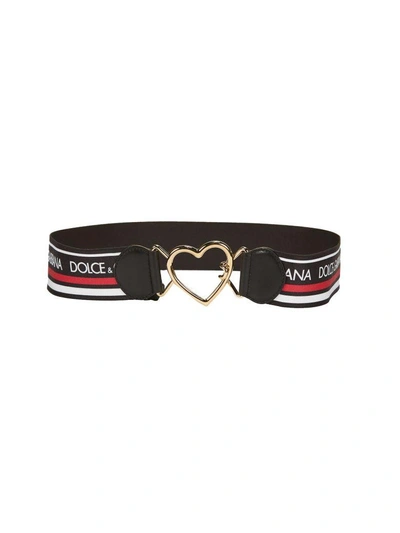 Shop Dolce & Gabbana Logo Banded Heart Buckle Belt In Nero Rosso Bianco