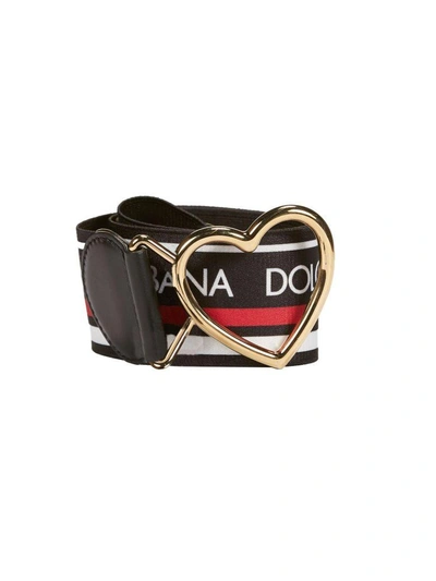 Shop Dolce & Gabbana Logo Banded Heart Buckle Belt In Nero Rosso Bianco