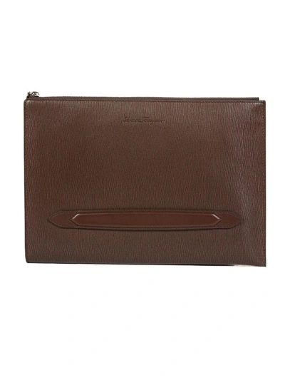 Shop Ferragamo Embossed Logo Clutch In Marrone Scuro