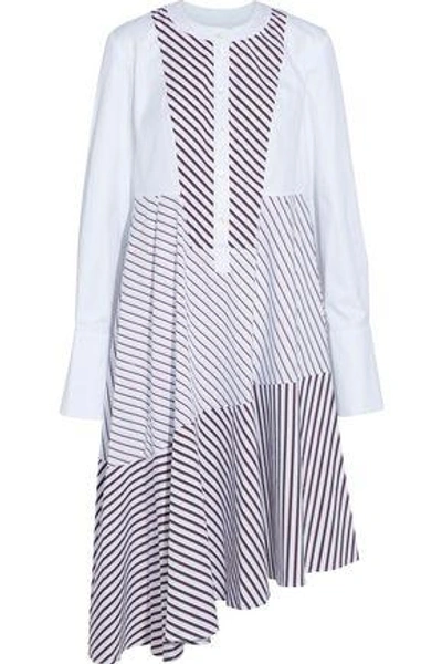 Shop Carven Woman Asymmetric Twill-paneled Striped Cotton-poplin Shirt Dress White