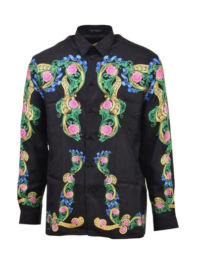 Versace Miami Signature Silk Button-down In Black