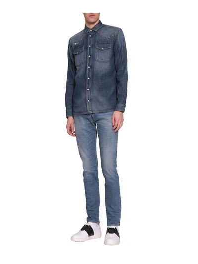 Shop Valentino Rockstud Cotton Denim Shirt In Blu