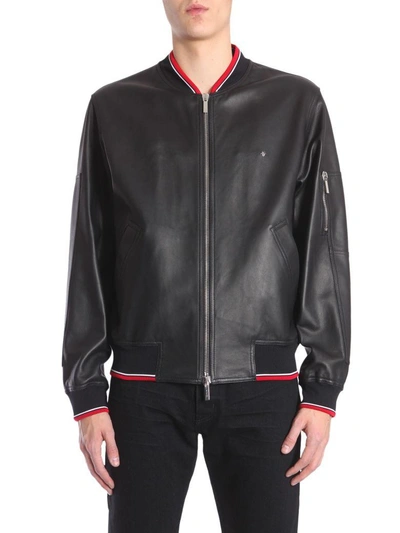 Shop Dior Leather Bomber Jacket In Nero