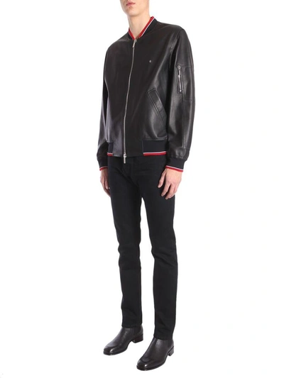 Shop Dior Leather Bomber Jacket In Nero