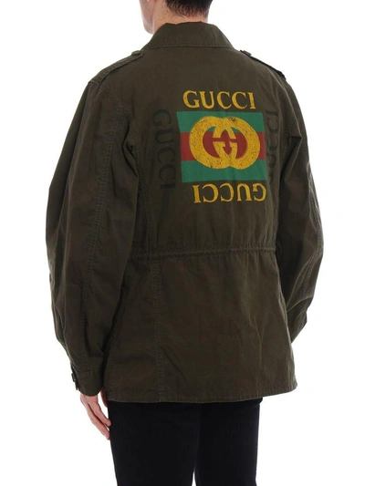 Shop Gucci Logo Print Parka In Military Green-multi