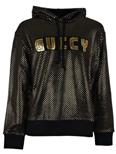 Shop Gucci Guccy Print Hoodie In Metallic