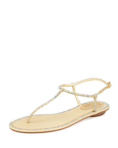 René Caovilla Crystallized Ankle-wrap Flat Thong Sandal, Silver In Champagne