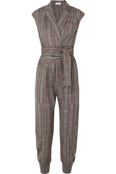Shop Brunello Cucinelli Prince Of Wales Checked Wool Jumpsuit In Gray