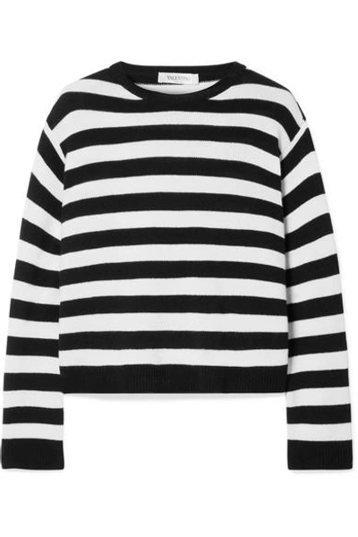 Shop Valentino Wrap-effect Bow-embellished Striped Cashmere Sweater In Black