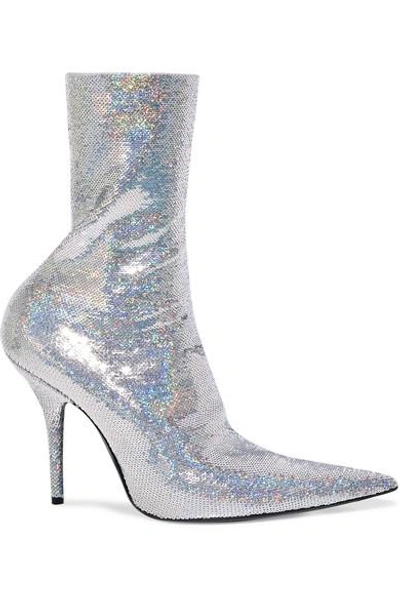 Shop Balenciaga Knife Sequined Spandex Sock Boots In Silver