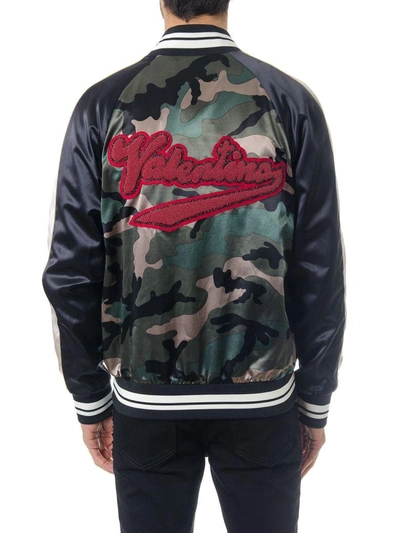 Shop Valentino Logo Patch Camo Satin Bomber Jacket In Multicolor