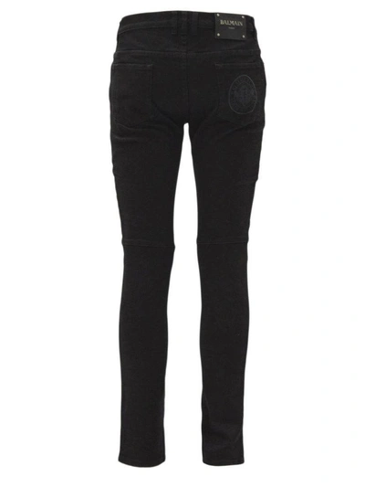 Shop Balmain Slim-fit Black Cotton Denim Biker Jeans In Nero