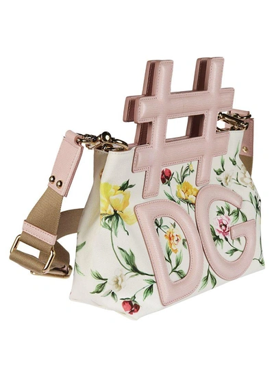 Shop Dolce & Gabbana Hashtag Floral Shoulder Bag In Cream