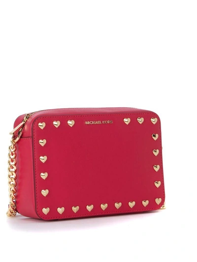 Shop Michael Kors Ginny Ultrapink Leather Shoulder Bag With Hearts In Rosa
