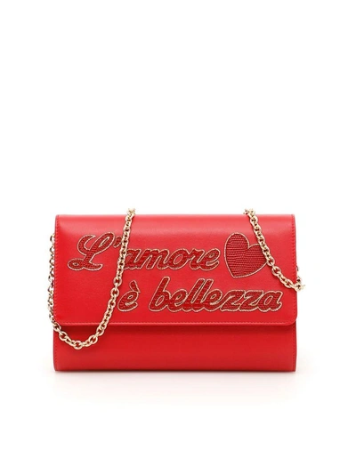 Shop Dolce & Gabbana Leather Wallet Bag With Embroidery In Rossorosso