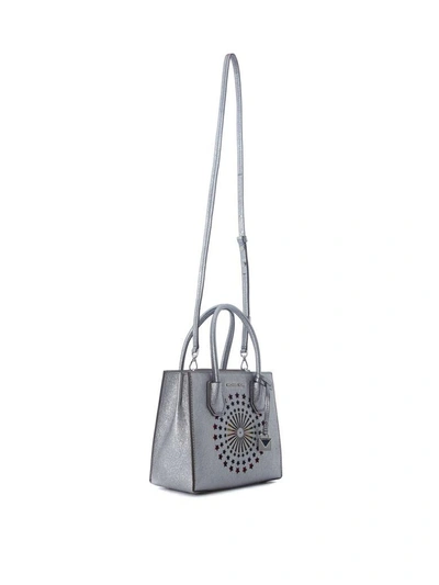 Shop Michael Kors Mercer Messenger Silver Metal Leather Bag With Rainbow Stars In Argento