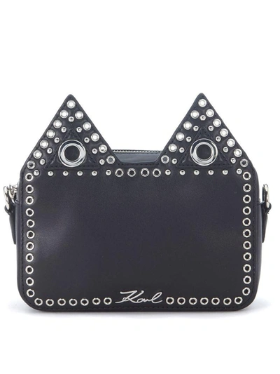 Shop Karl Lagerfeld Black Leather Shoulder Bag With Cat Ears And Stubs. In Nero