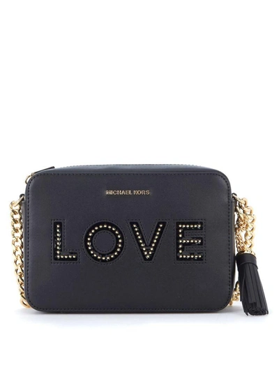 Shop Michael Kors Ginny Black Leather Shoulder Bag With Love Writing In Nero