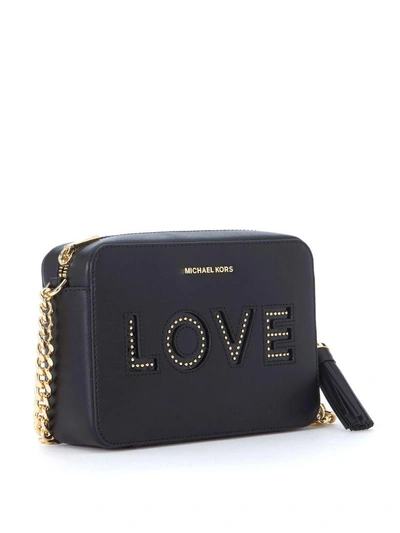 Shop Michael Kors Ginny Black Leather Shoulder Bag With Love Writing In Nero