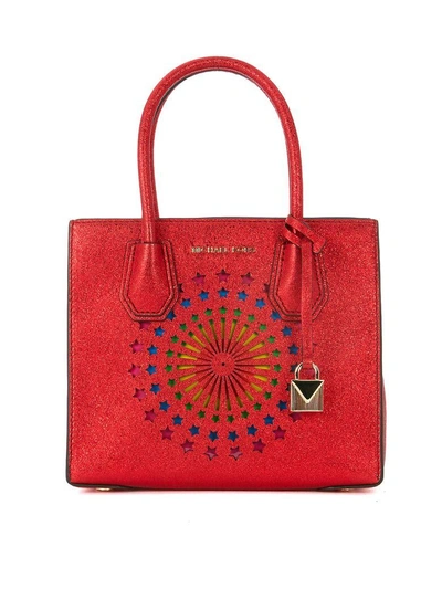 Shop Michael Kors Mercer Messenger Metallized Red Leather Bag With Rainbow In Rosso