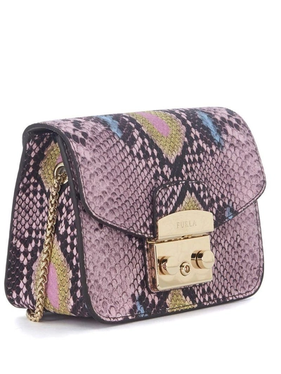 Shop Furla Metropolis Mini Pink Wisteria Calf Leather Shoulder Bag With Python Effect In Rosa