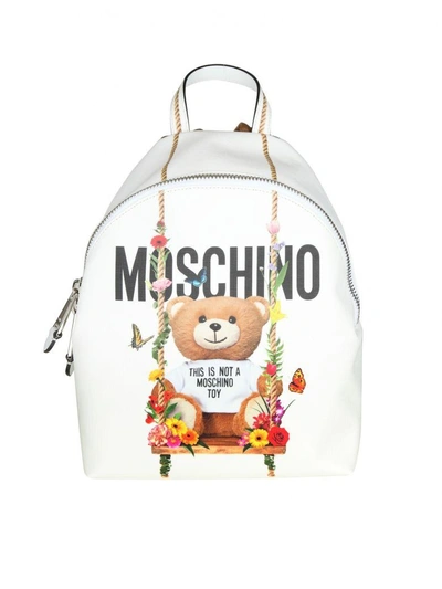 Shop Moschino Teddy Backpack With Floral Print And White Color