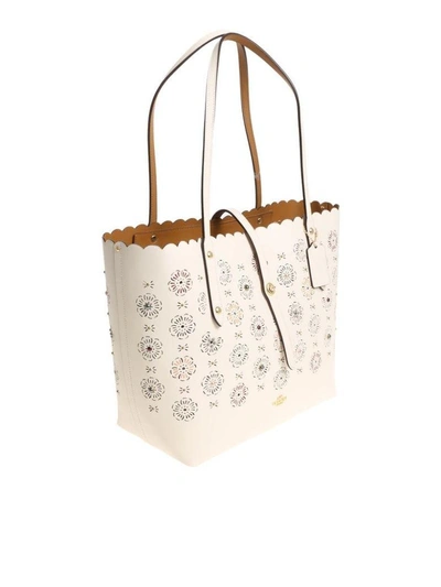 Shop Coach Perforated Floral Tote In White